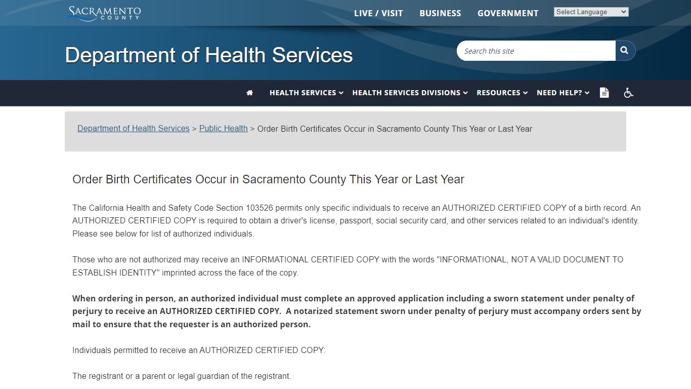 Order Birth Certificates Occur in Sacramento County This Year or Last Year